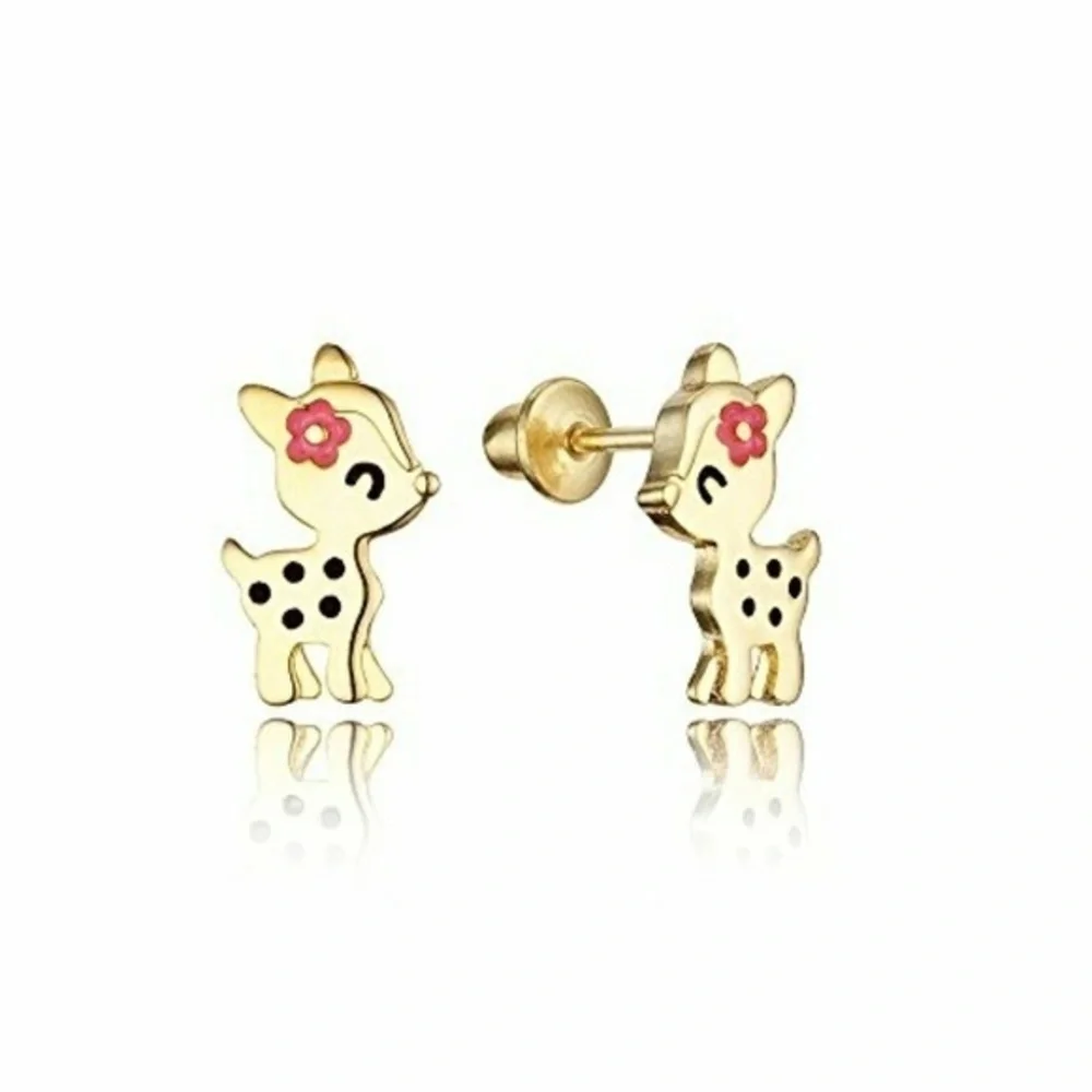 Kids Earrings 14k gold plated Enamel Flower Deer